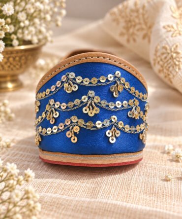 Close-up of Snazzy Juttis with royal blue silk base and silver sequin embroidery