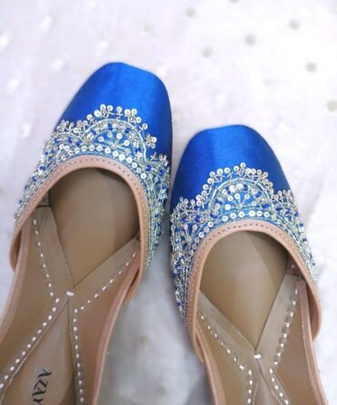 Royal blue Snazzy Juttis perfect for weddings, sangeet, and festive wear by Azayaa
