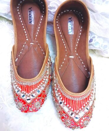 Aafreen reddish orange mirror handcrafted jutti by Azayaa