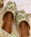 Bahaar mint gold floral handcrafted jutti by Azayaa