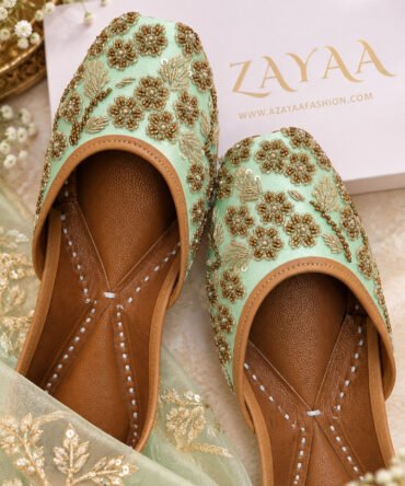 Bahaar mint gold floral handcrafted jutti by Azayaa