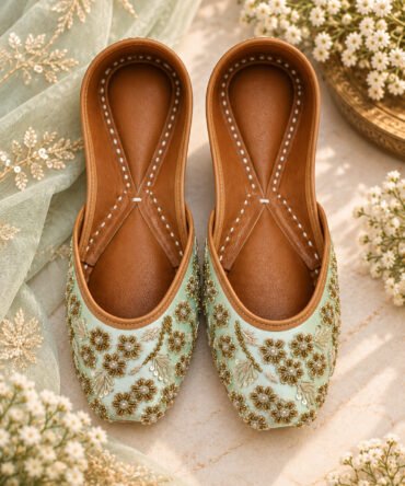 Mint satin jutti with gold zari and sequin floral embroidery