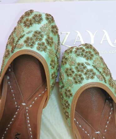 Bahaar mint gold floral handcrafted jutti by Azayaa