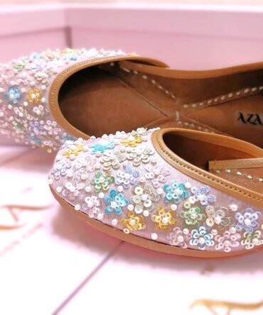 Butterfly pastel handcrafted jutti with floral sequin embroidery by Azayaa