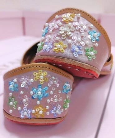 Mint and sky-blue satin jutti with pastel floral hand embroidery and pearl detailing