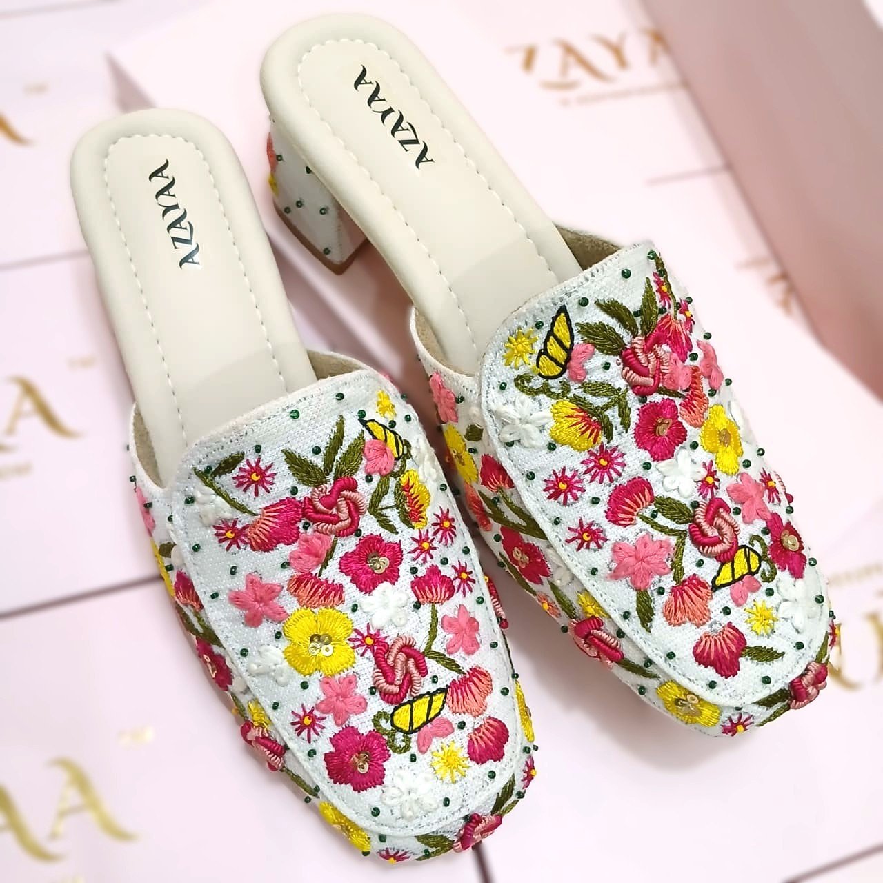 Gulzaar multicolor floral handcrafted heels by Azayaa