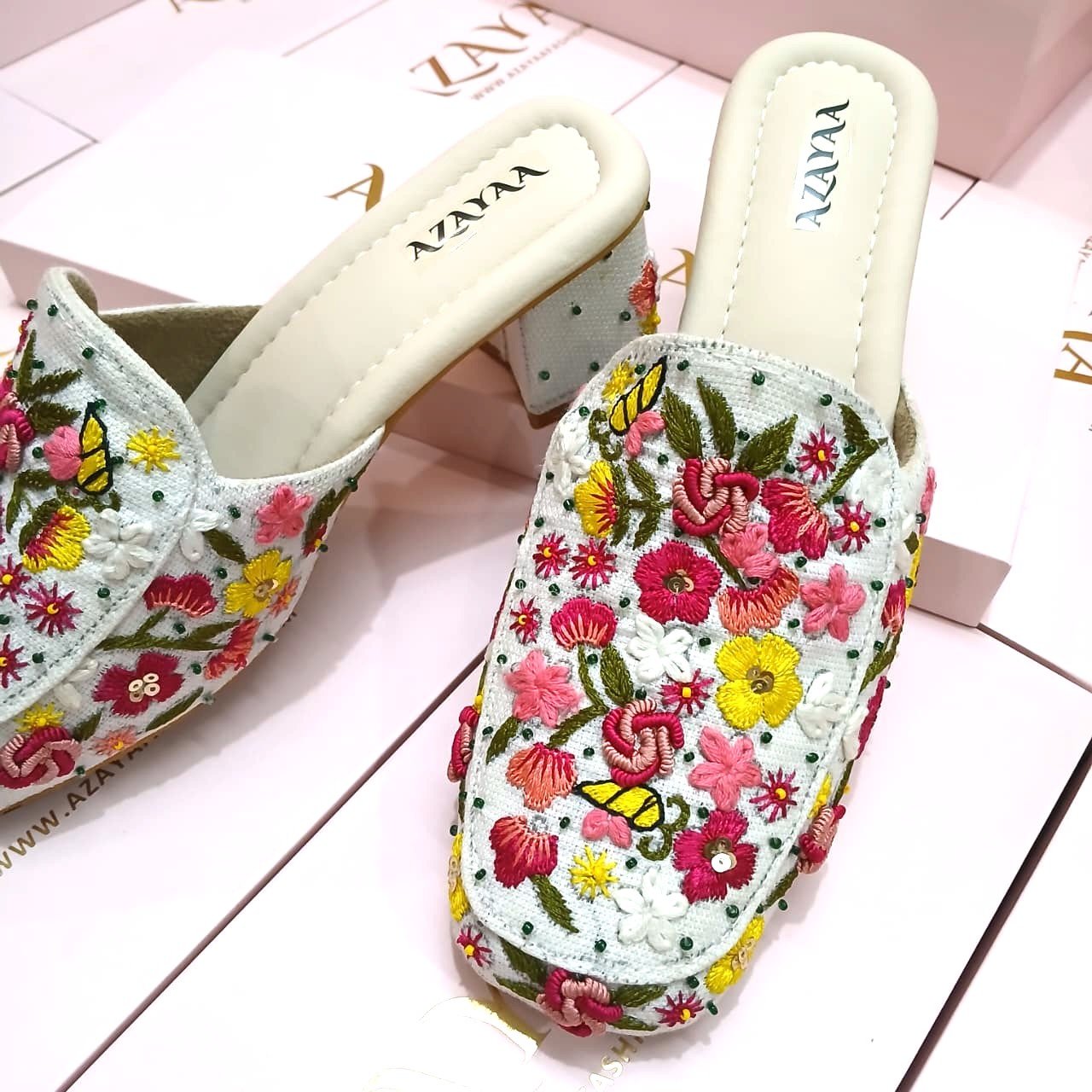 Handcrafted block heels with multicolor floral embroidery