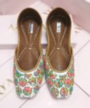 Harnaaz multicolor hand-embroidered jutti with vibrant floral threadwork by Azayaa