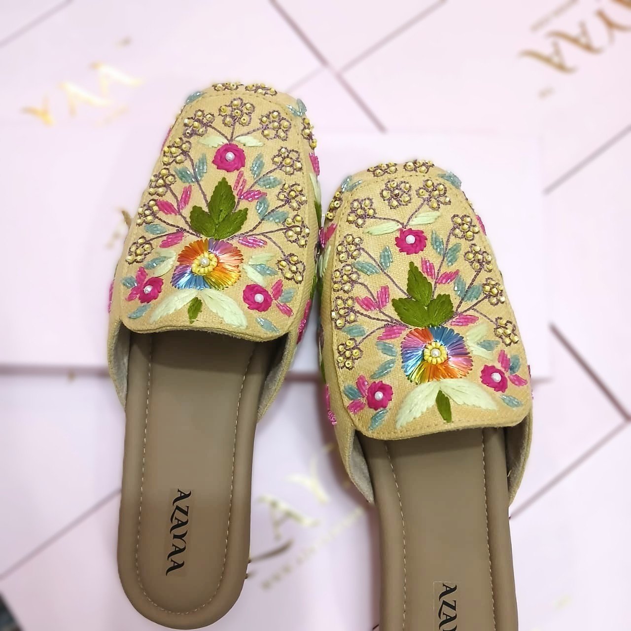 Meher pastel floral handcrafted heels by Azayaa