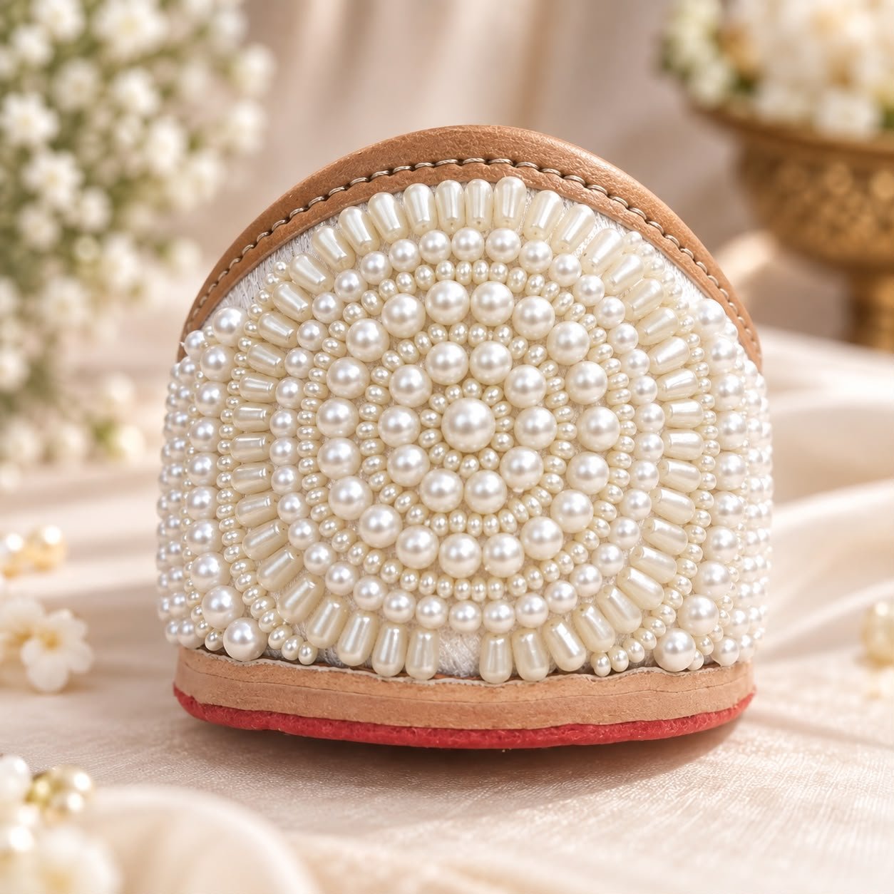 Close up of Ivory jutti with pearl hand embroidery