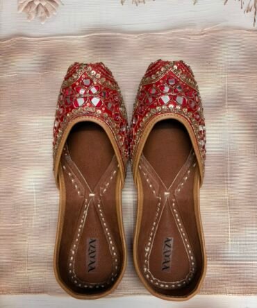Handcrafted red wedding juttis with golden mirror work
