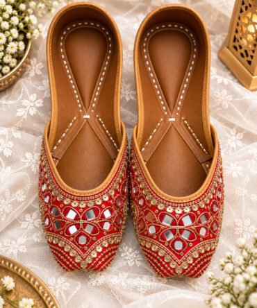 Handcrafted red wedding juttis with golden mirror work