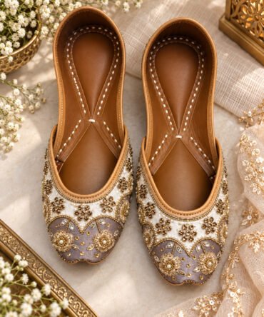 Moonlight grey and lilac juttis with silver embroidery by Azayaa