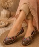 Morni brown juttis with colourful pink blue green embroidery by Azayaa