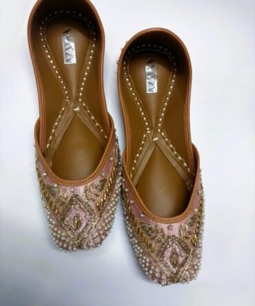 Rose Mist pink juttis with pearl and golden embroidery by Azayaa