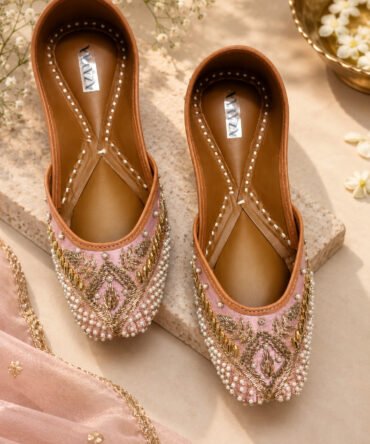 Rose Mist pink juttis with pearl and golden embroidery by Azayaa
