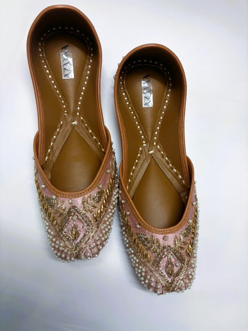 Rose Mist pink juttis with pearl and golden embroidery by Azayaa