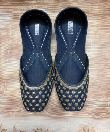 Handcrafted navy blue and gold juttis for women