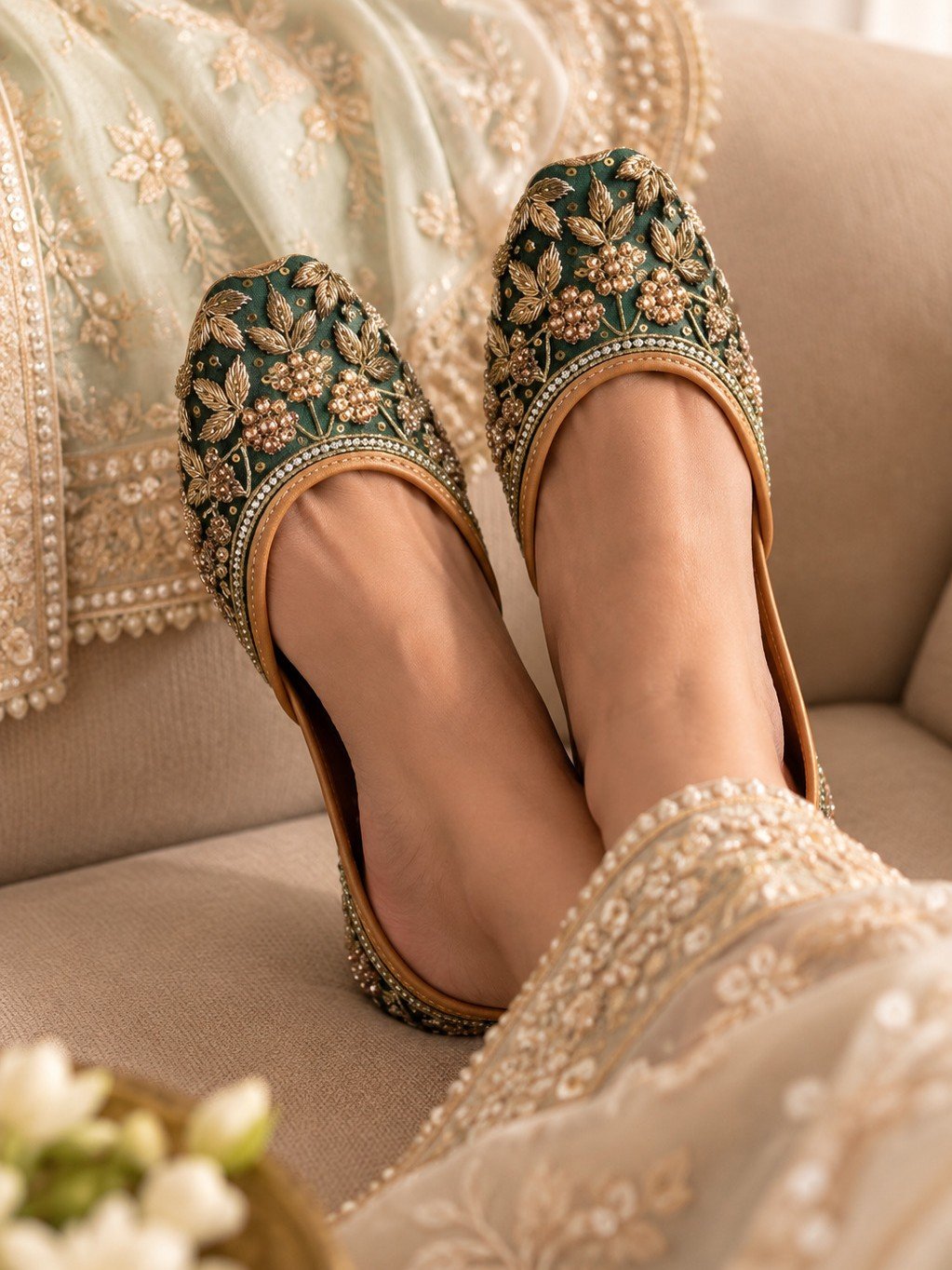 Shehzadi emerald green juttis with rich golden floral embroidery by Azayaa