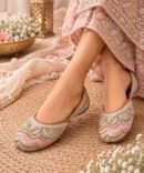 Stardust pink and silver juttis with sparkling sequin embroidery by Azayaa