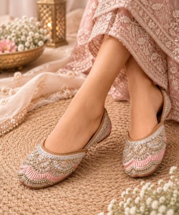 Stardust pink and silver juttis with sparkling sequin embroidery by Azayaa